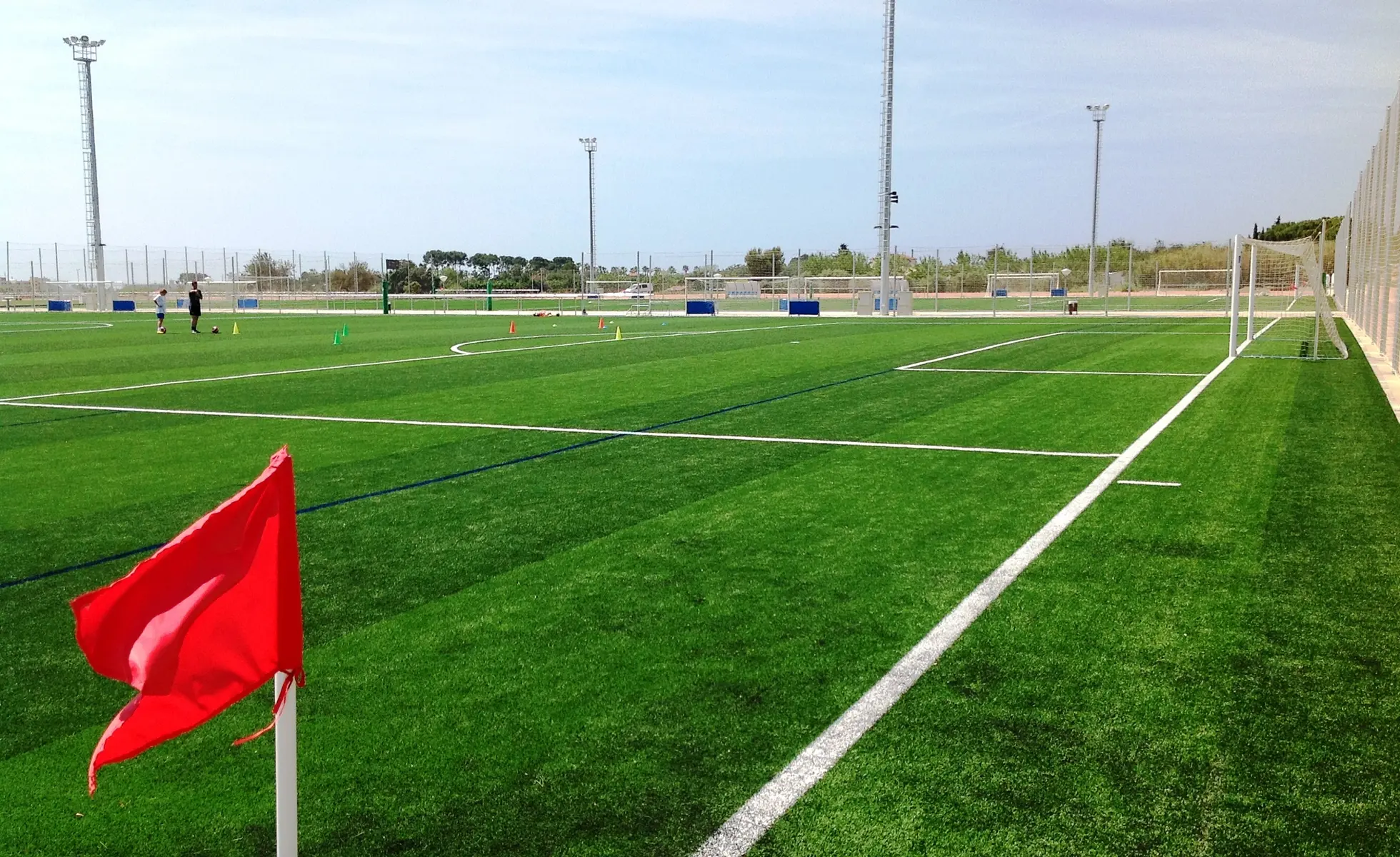 Campo da calcio con erba sintetica con veduta sulla porta