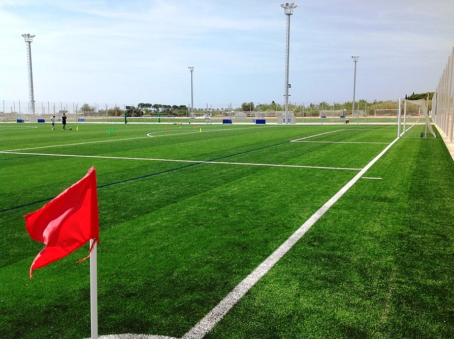 Campo da calcio con erba sintetica con veduta sulla porta