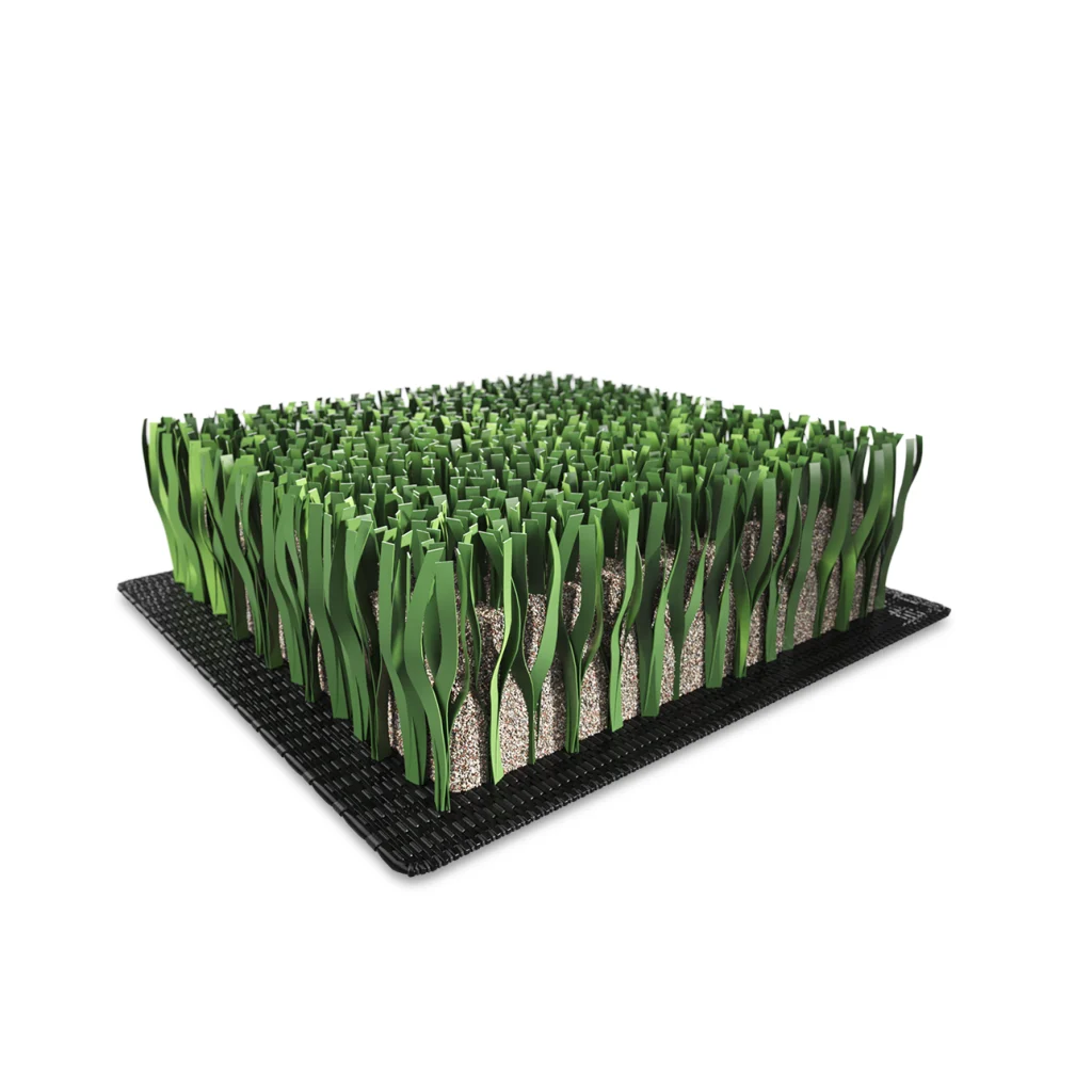 Detail of high-resistance artificial turf fibres for multisport