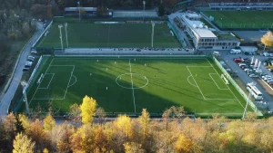 Aerial view of the Sud Tirol football field with synthetic grass
