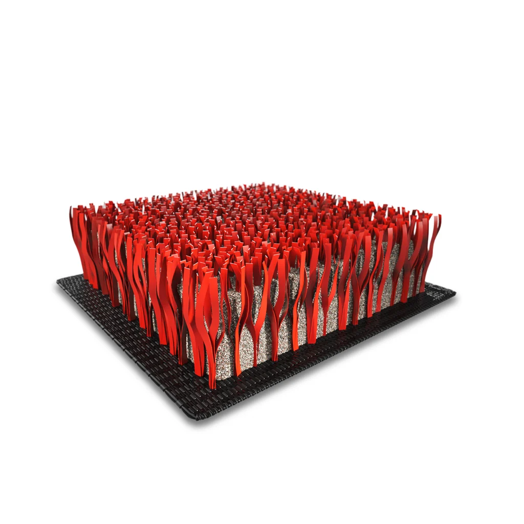 Detail of high-resistance artificial turf fibres for tennis
